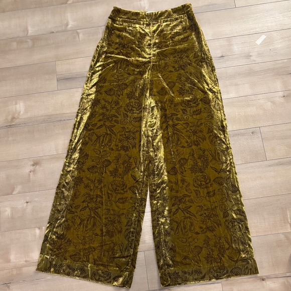 Anthropologie Gold Velvet Wide-Leg Floral Pants - Picture 2 of 10